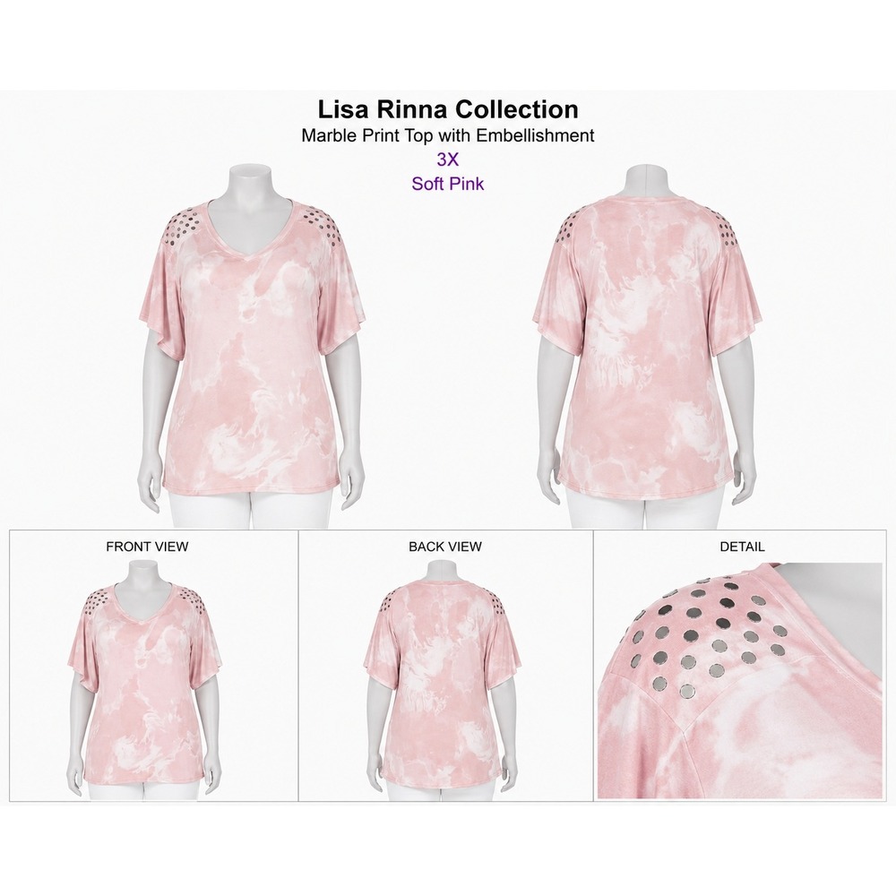 Lisa Rinna Collection Pink Marble Print Studded V-Neck Flutter Sleeve Top 3X